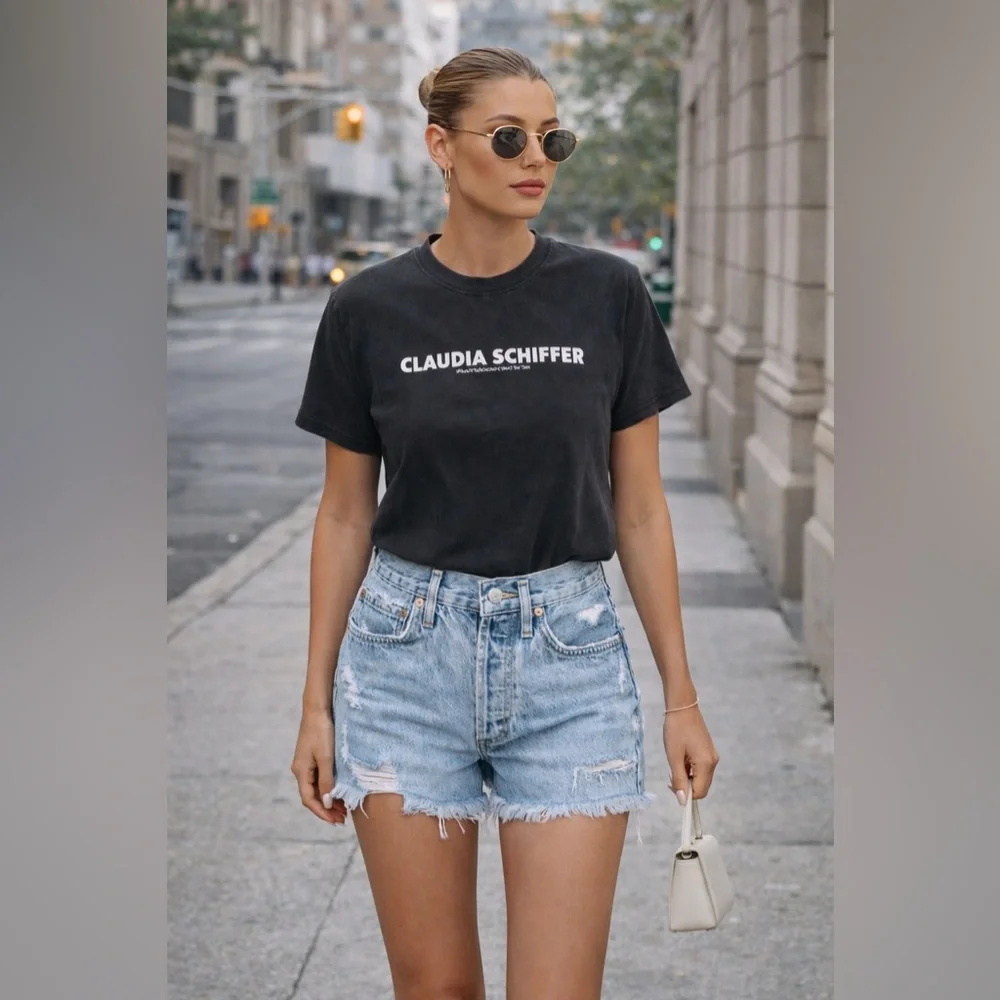 AGOLDE Parker Distressed Denim Shorts & CLAUDIA SCHIFFER WASHED T-SHIRT - Picture 2 of 5